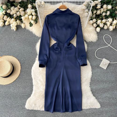 Polyester High Waist Shirt Dress irregular & slimming deep blue PC