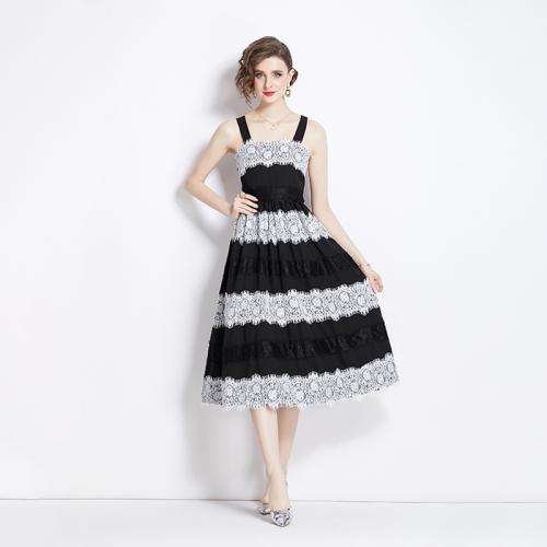 Lace & Polyester Slim & High Waist Slip Dress patchwork white and black PC