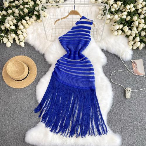 Polyester shoulder slope & Slim & Tassels One-piece Dress patchwork striped blue PC