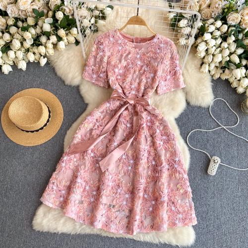 Polyester Robe d’une seule pièce Broder Floral Rose pièce