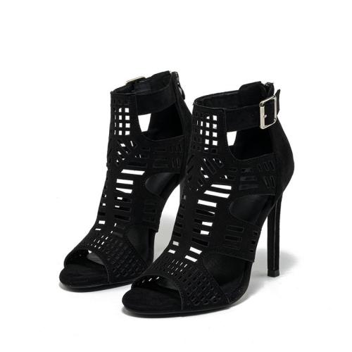 PU Leather & Suede Stiletto High Heels Fish Head Sandals hardwearing & breathable black Pair
