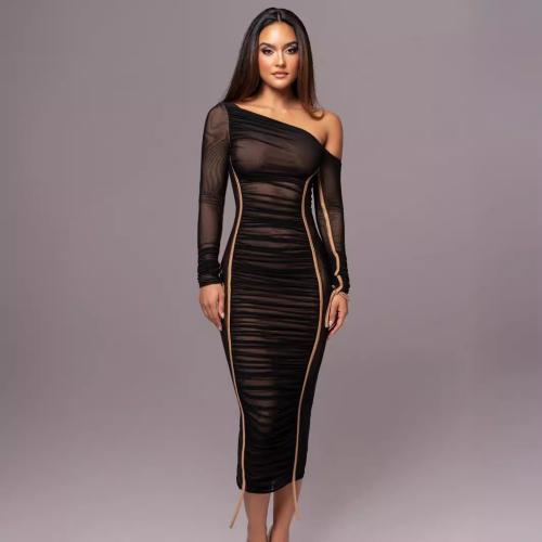 Gauze & Polyester Slim Sexy Package Hip Dresses & off shoulder & breathable stretchable Solid PC