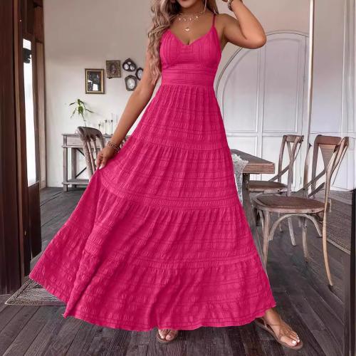 Polyester Slip Dress slimming & deep V Solid fuchsia PC