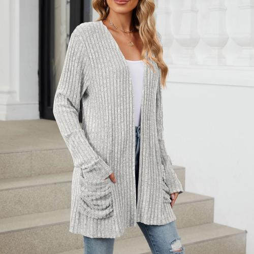 Polyester Women Long Cardigan & loose & with pocket knitted Solid PC