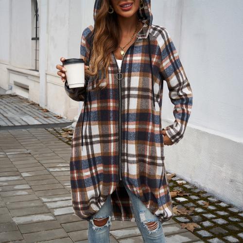Polyester With Siamese Cap Women Coat & loose & thermal printed plaid PC