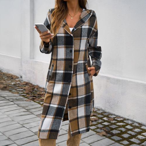 Polyester long style & With Siamese Cap Women Coat & loose printed plaid PC