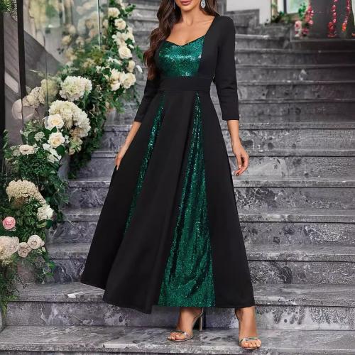 Sequin & Polyester Waist-controlled One-piece Dress large hem design & slimming Solid green PC