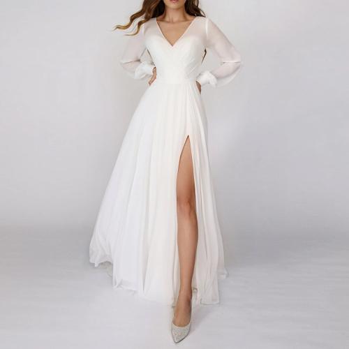 Gauze & Polyester Waist-controlled One-piece Dress see through look & side slit Solid white PC