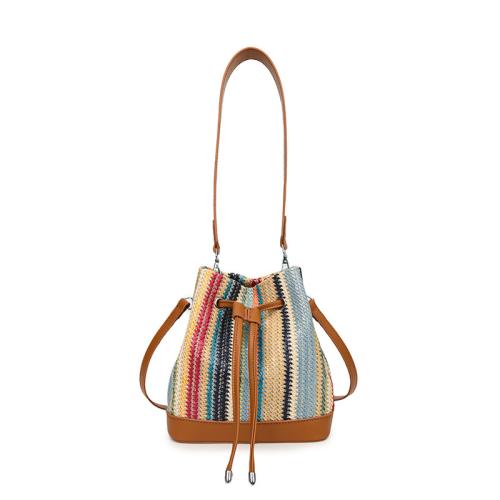 Straw & PU Leather Bucket Bag Woven Shoulder Bag durable & attached with hanging strap striped orange PC