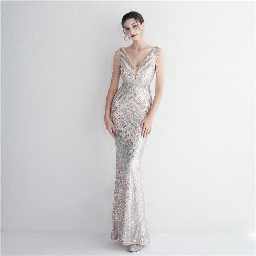 Sequin & Polyester Slim & Plus Size Long Evening Dress see through look & deep V PC