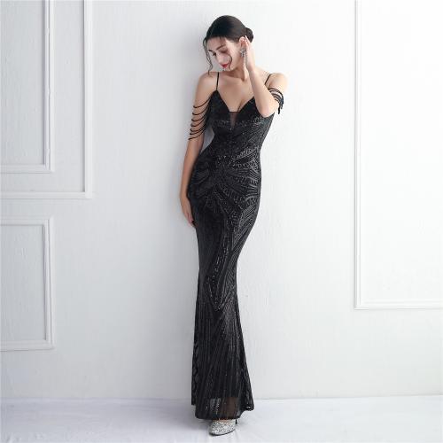 Sequin & Polyester floor-length & Plus Size Long Evening Dress deep V & backless embroidered PC
