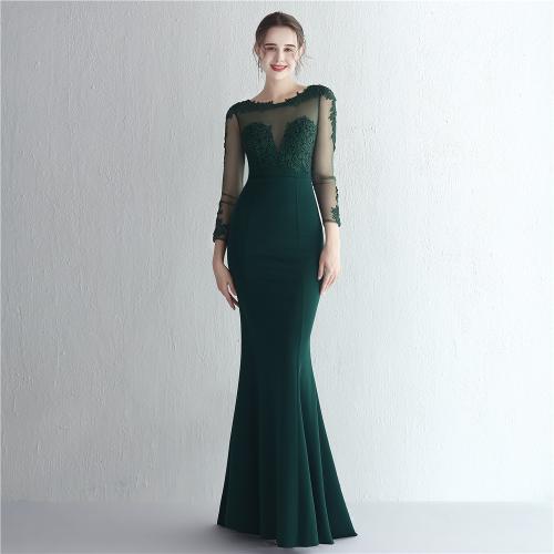 Polyester Slim & Plus Size Long Evening Dress see through look & deep V embroidered PC
