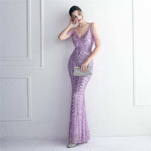 Sequin & Polyester Slim & floor-length & Plus Size Long Evening Dress & off shoulder PC