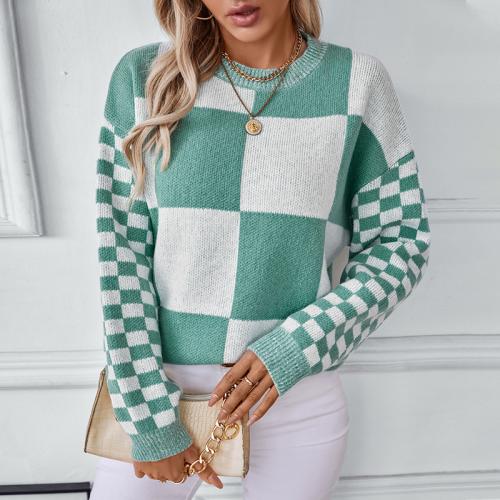 Polyester Women Sweater contrast color & slimming & thermal jacquard plaid PC