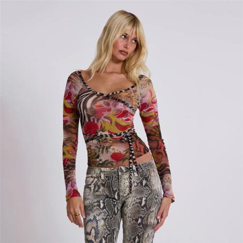Polyester Slim Women Long Sleeve Blouses see through look printed red PC