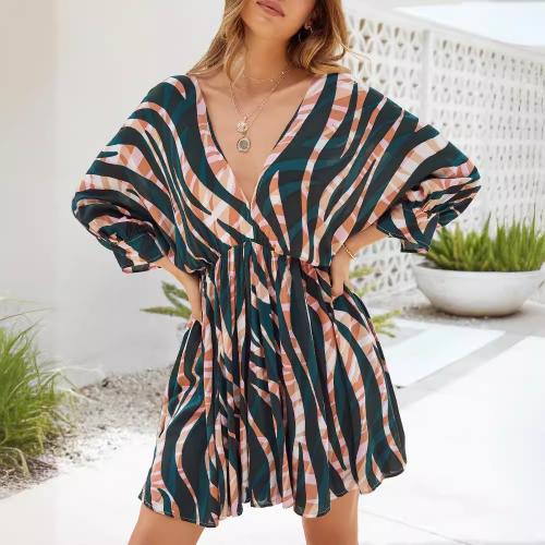 Polyester One-piece Dress slimming & deep V printed PC