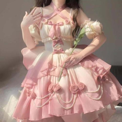 Polyester Ball Gown One-piece Dress & short front long back Solid pink PC