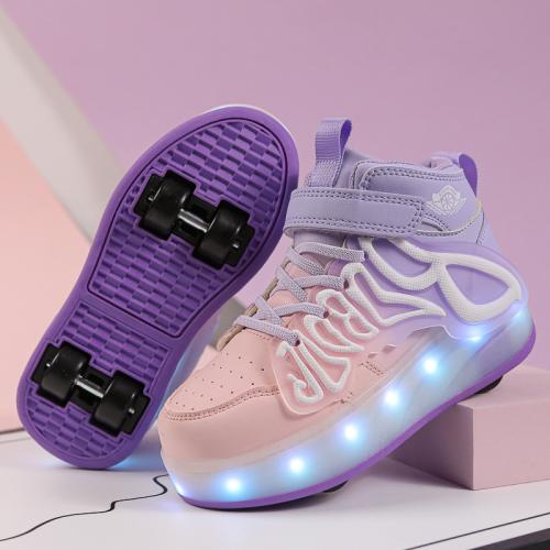 PU Rubber & Thermo Plastic Rubber & PU Leather Children Wheels Shoes with LED lights letter Pair