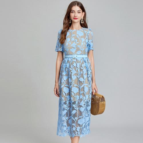 Lace & Polyester Waist-controlled One-piece Dress double layer & hollow Solid blue PC