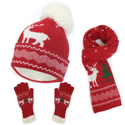 Acrylic windproof Glove Scarf Hat Set christmas design & three piece & thermal & unisex Solid Set