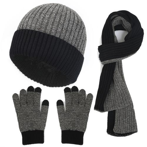 Acrylic windproof Glove Scarf Hat Set three piece & thermal & for men Solid grey and black Set