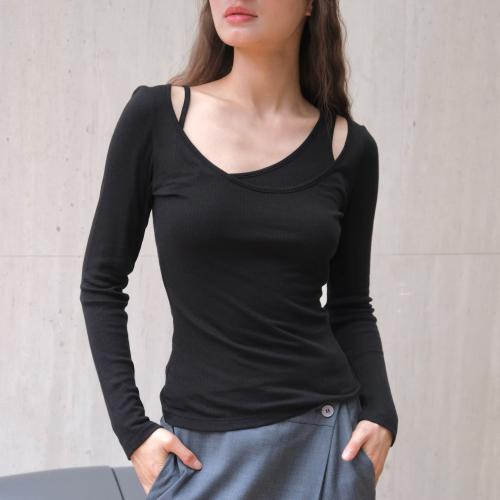 Tencel & Wool Slim Women Long Sleeve Blouses & fake two piece patchwork Solid PC