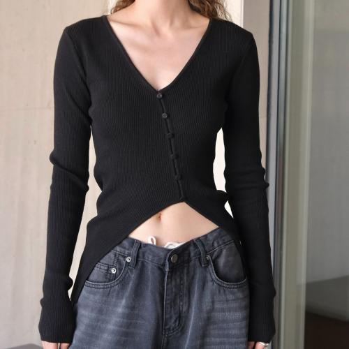 Mixed Fabric Slim Women Long Sleeve Blouses midriff-baring knitted Solid : PC