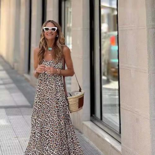 Polyester Soft One-piece Dress backless & floor-length printed leopard PC