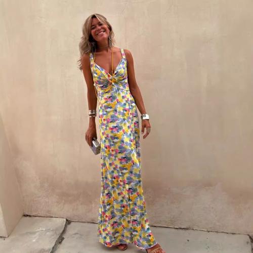 Polyester One-piece Dress deep V & backless & floor-length printed multi-colored PC