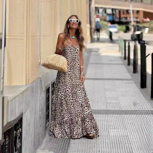 Polyester One-piece Dress large hem design & backless & floor-length printed leopard PC