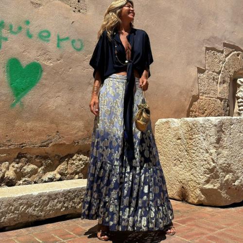 Polyester Maxi Skirt large hem design & floor-length & breathable printed PC