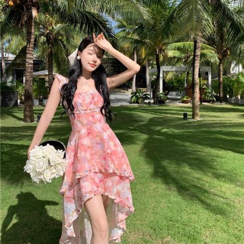 Polyester lace One-piece Dress irregular & off shoulder printed pink PC