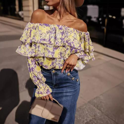 Polyester scallop & Soft Women Long Sleeve Blouses & off shoulder printed PC