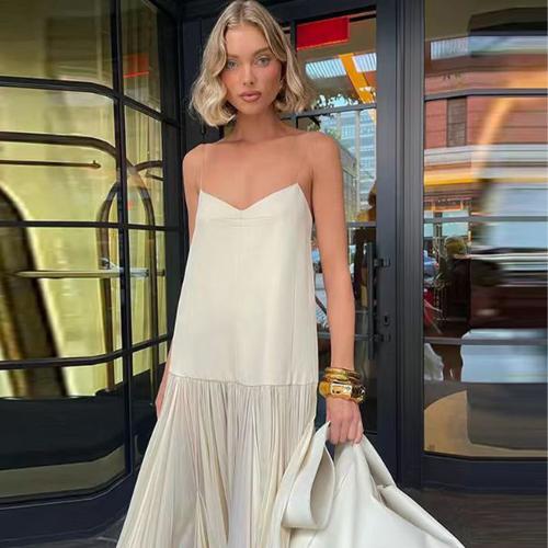 Gauze & Polyester Slip Dress see through look & off shoulder & floor-length Solid white PC