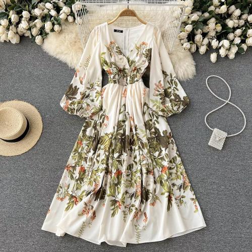 Polyester Waist-controlled One-piece Dress large hem design & slimming printed floral : PC