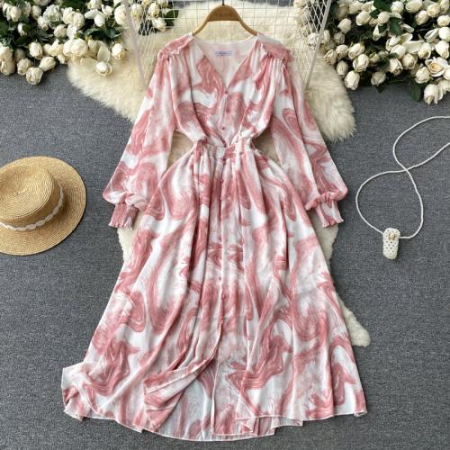 Polyester Waist-controlled One-piece Dress large hem design & breathable printed : PC