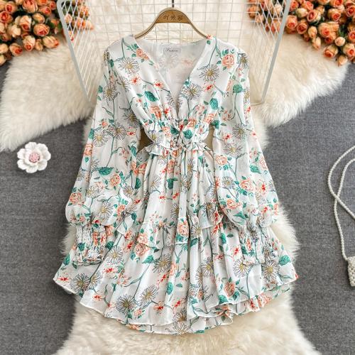 Polyester Waist-controlled & Soft One-piece Dress deep V printed shivering : PC