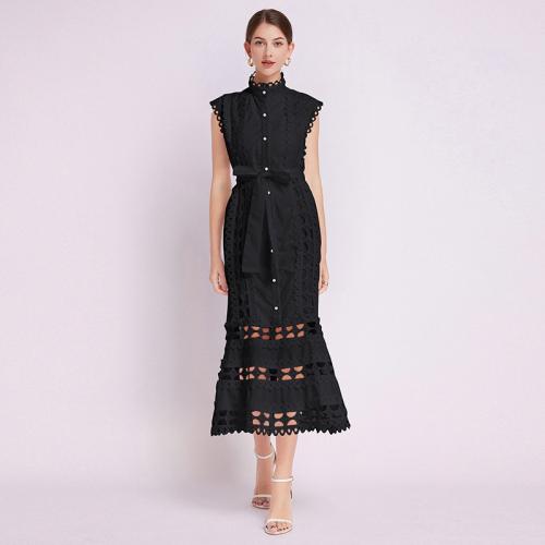 Polyester Waist-controlled & Soft & long style One-piece Dress hollow Solid black PC