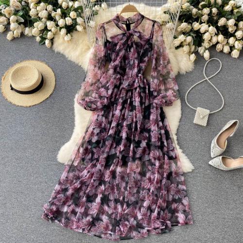 Gauze & Polyester One-piece Dress see through look & large hem design & double layer printed shivering purple PC