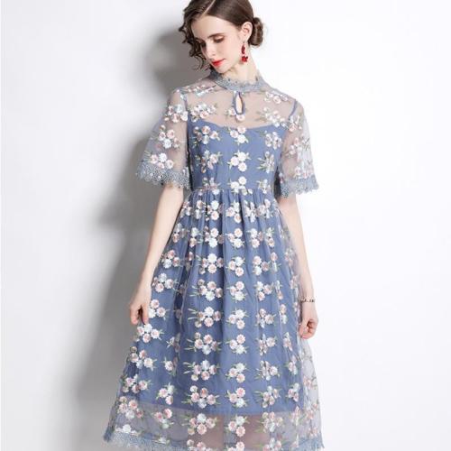 Gauze & Polyester Soft One-piece Dress see through look & double layer printed light blue PC