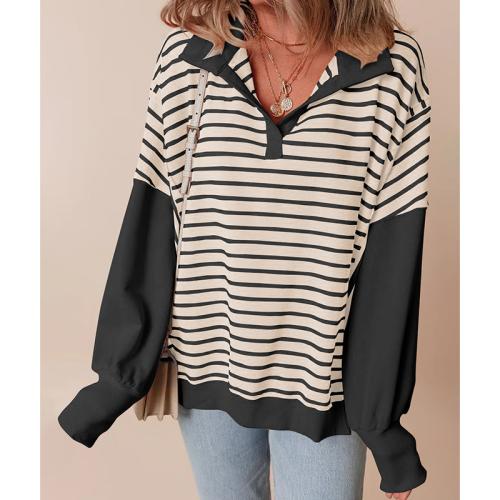 Viscose Fiber & Polyester Women Sweatshirts contrast color & side slit & loose printed striped PC