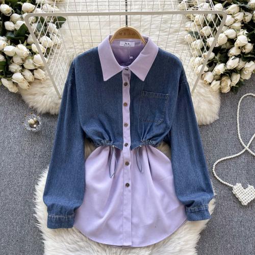 Denim & Polyester Waist-controlled Women Long Sleeve Shirt fake two piece & breathable Solid : PC