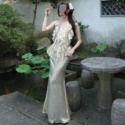 Polyester Slim Two-Piece Dress Set & two piece & hollow gold Set