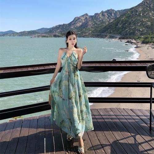 Polyester Waist-controlled Slip Dress printed floral green PC