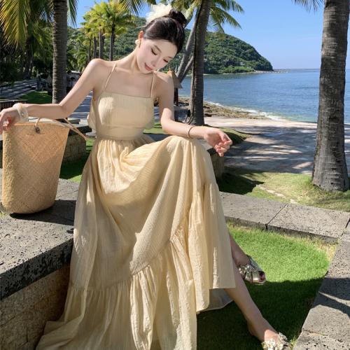 Polyester Waist-controlled Slip Dress backless beige PC