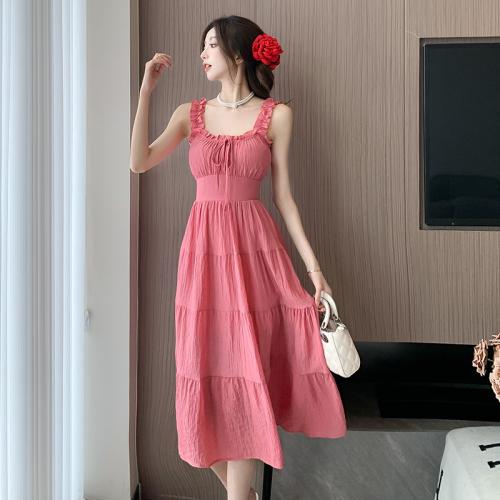 Polyester Slim Slip Dress & hollow fuchsia PC