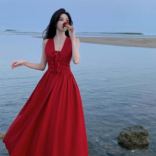 Polyester Slim Slip Dress & hollow red PC