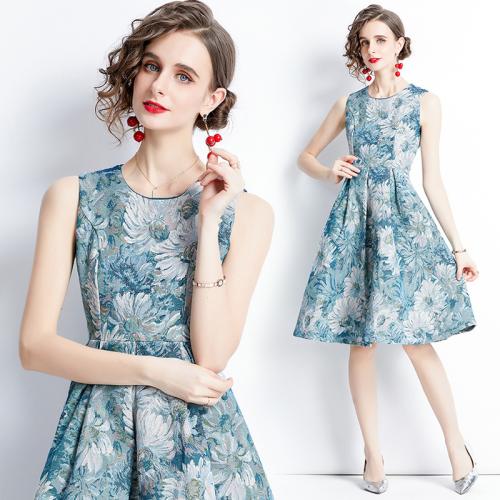 Polyester Slim One-piece Dress printed floral blue PC