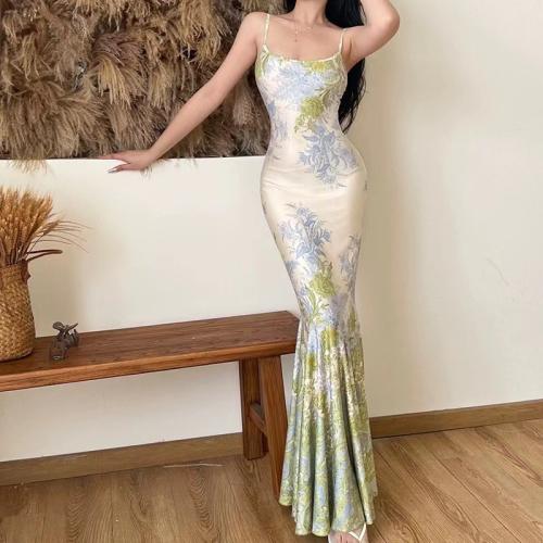 Polyester Slim Slip Dress printed floral green PC