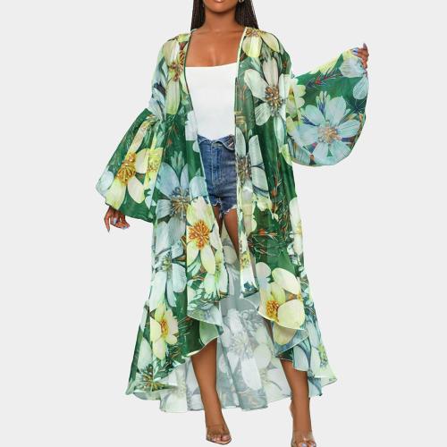 Polyester Women Long Cardigan & loose printed floral green PC